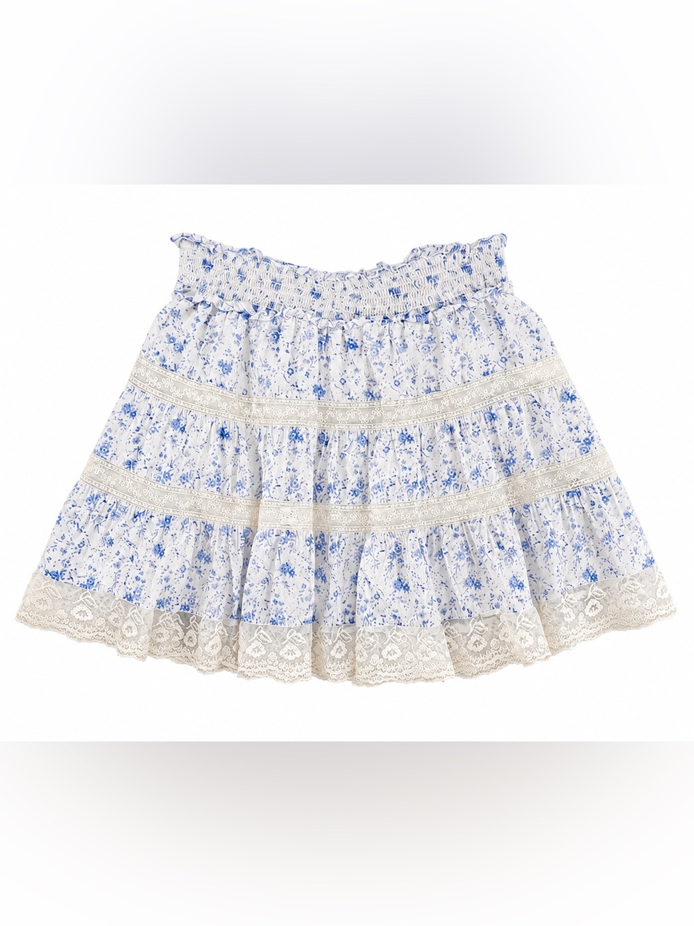 Altar'd State White and Blue Floral Lace Tiered Mini Skirt
